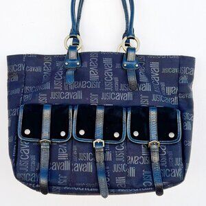 Vintage JUST CAVALLI CargoTote Bag Black Monogram Logo Pockets Pink Lining Large